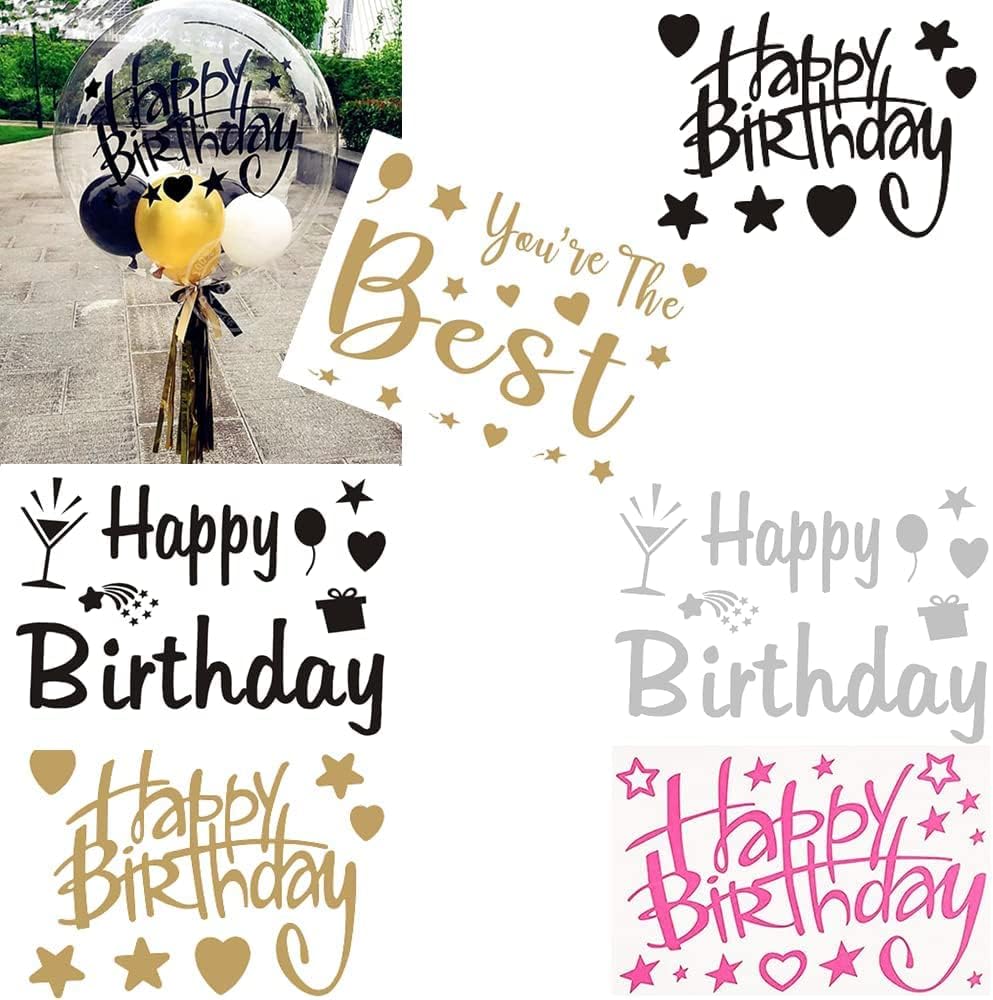 EFAY Happy Birthday Stickers, 6 Pcs Transparent Balloon Decals for Bobo Balloons, Clear PVC Party Decor Balloon Pasters