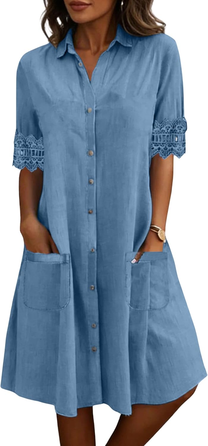 chouyatou Women's Casual Short Sleeve Denim Shirt Dress Button Down Tunic Shift Midi Long Jean Dress with Pockets