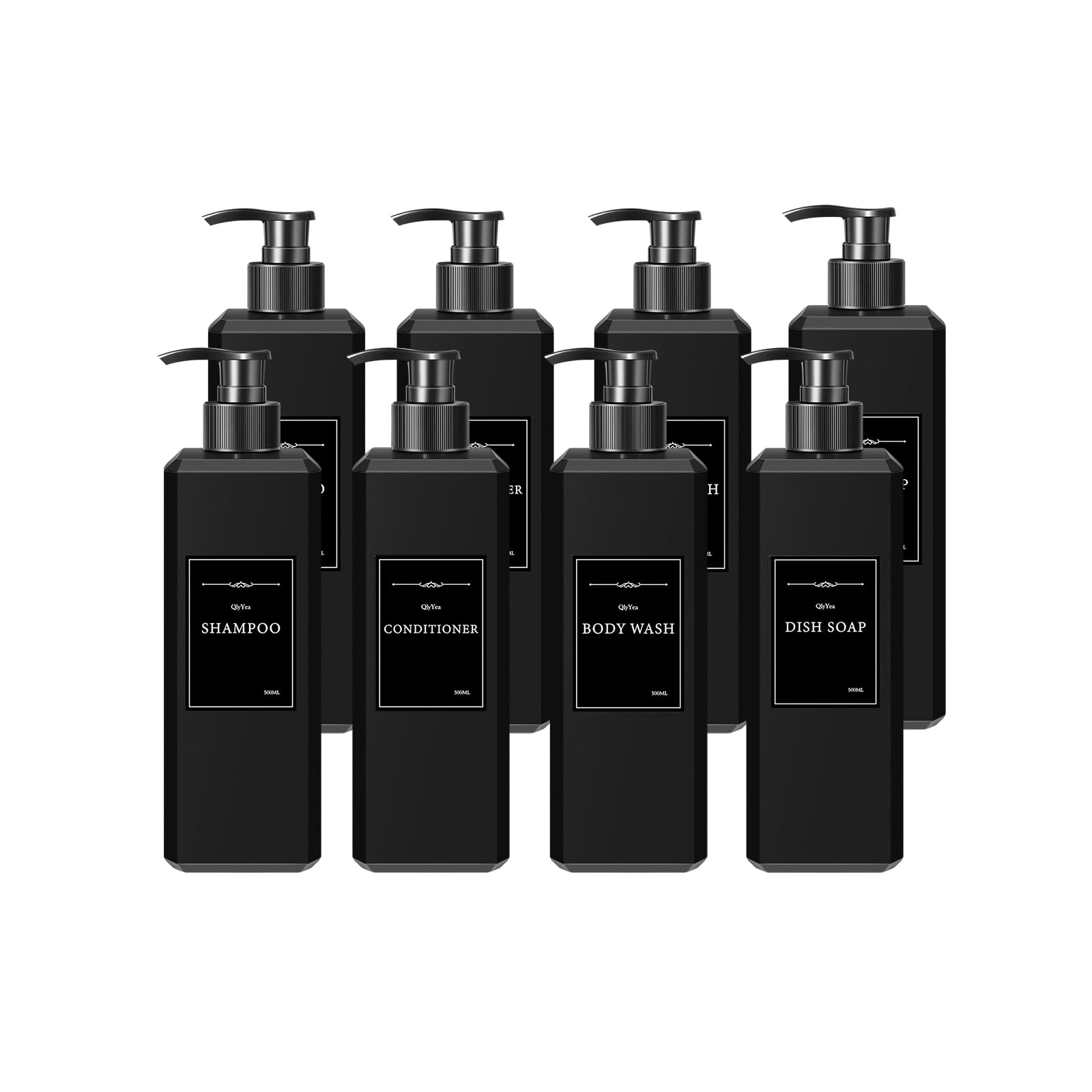 Distributeur Shampoing et Gel Douche, 8 Pièces Flacon Pompe Vide 500ml, Distributeurs Savon Noir en Plastique avec Étiquettes, pour Cuisine et Salle de Bain, Noir Mat