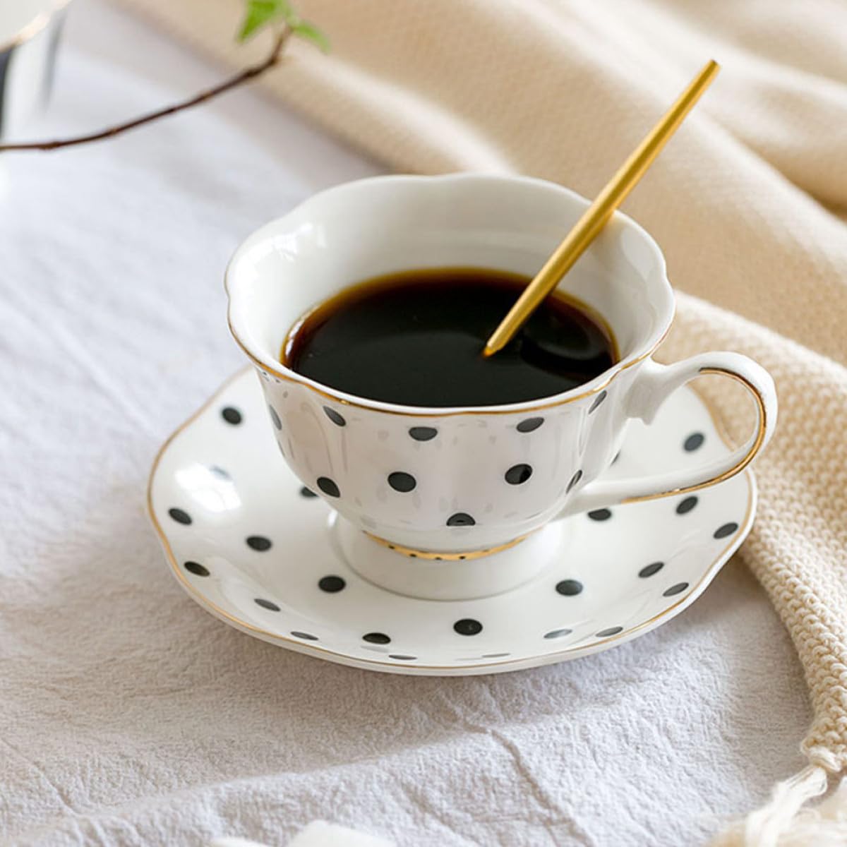 NUOBESTY Schwarz Gepunktetes Kaffeetassen Geschirr aus Keramik, 1 Satz