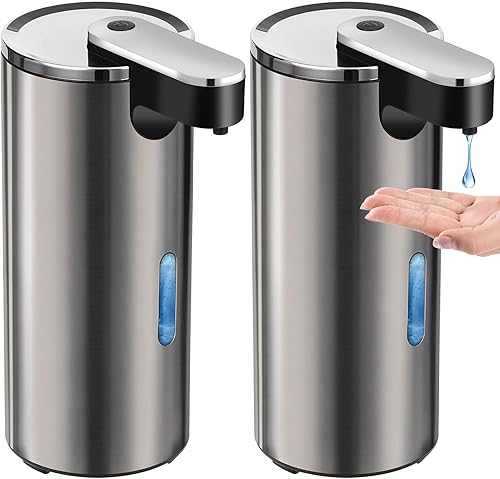 Paquete de 2 dispensadores automáticos de jabón sin contacto, bomba de sensor eléctrico de acero inoxidable de 13.5 onzas fluidas con 3 volúmenes