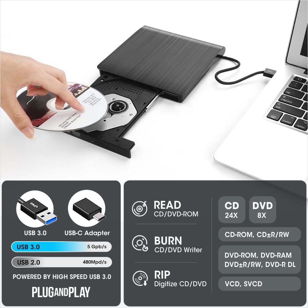 USB 3.0, masterizzatore DVD, lettore CD DVD RW Optical portatile Slim esterno per Windows 10 ThinkPad Toshiba HP Dell Lenovo Sony Acer per MacBook Pro da Roofull