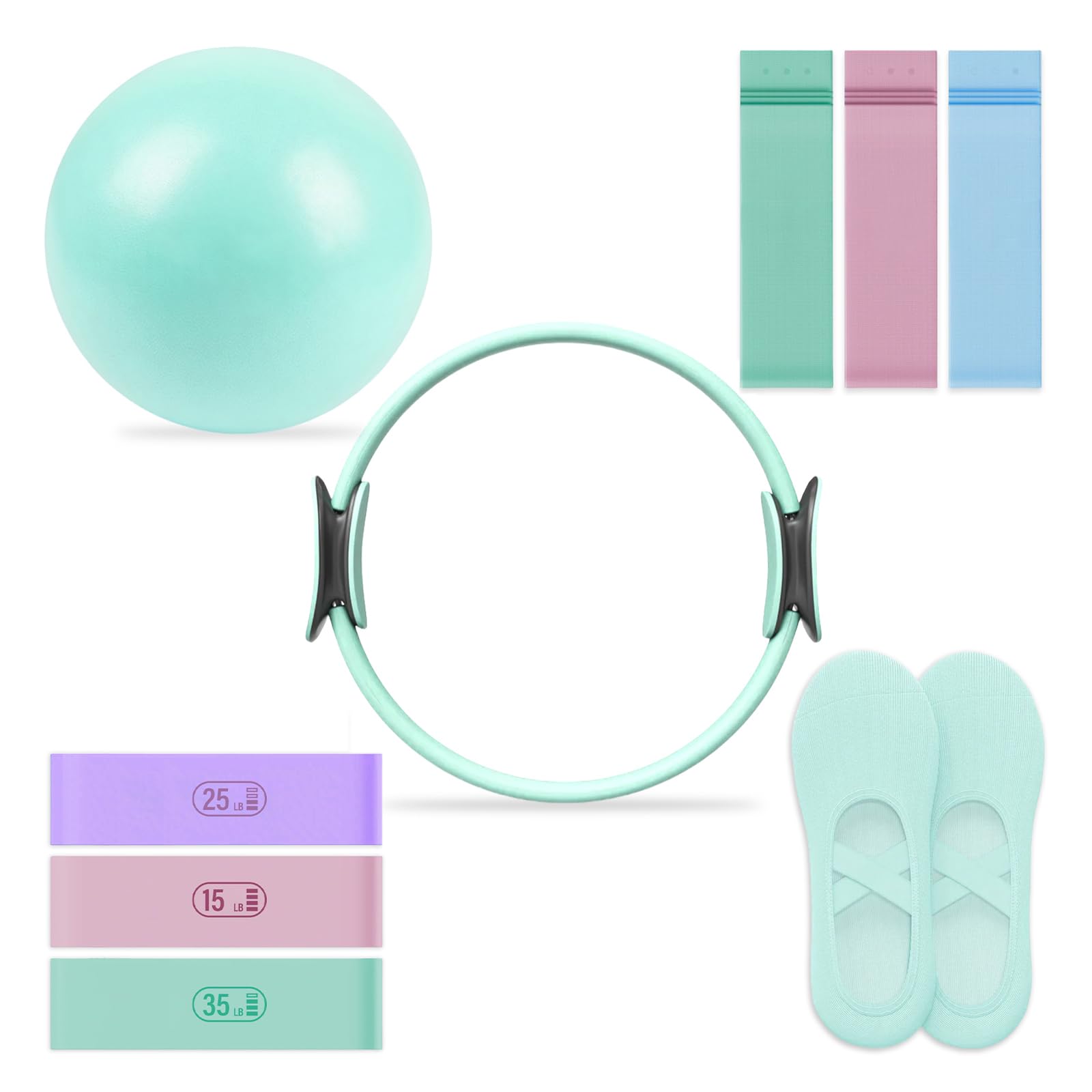 Pilates Essential Kit - Portable Fitness Equipment - with Toning Pilates Ring & Long Resistance Bands & Pilates Loop Bands & Soft Pilates Ball & Pilates Grip Socks