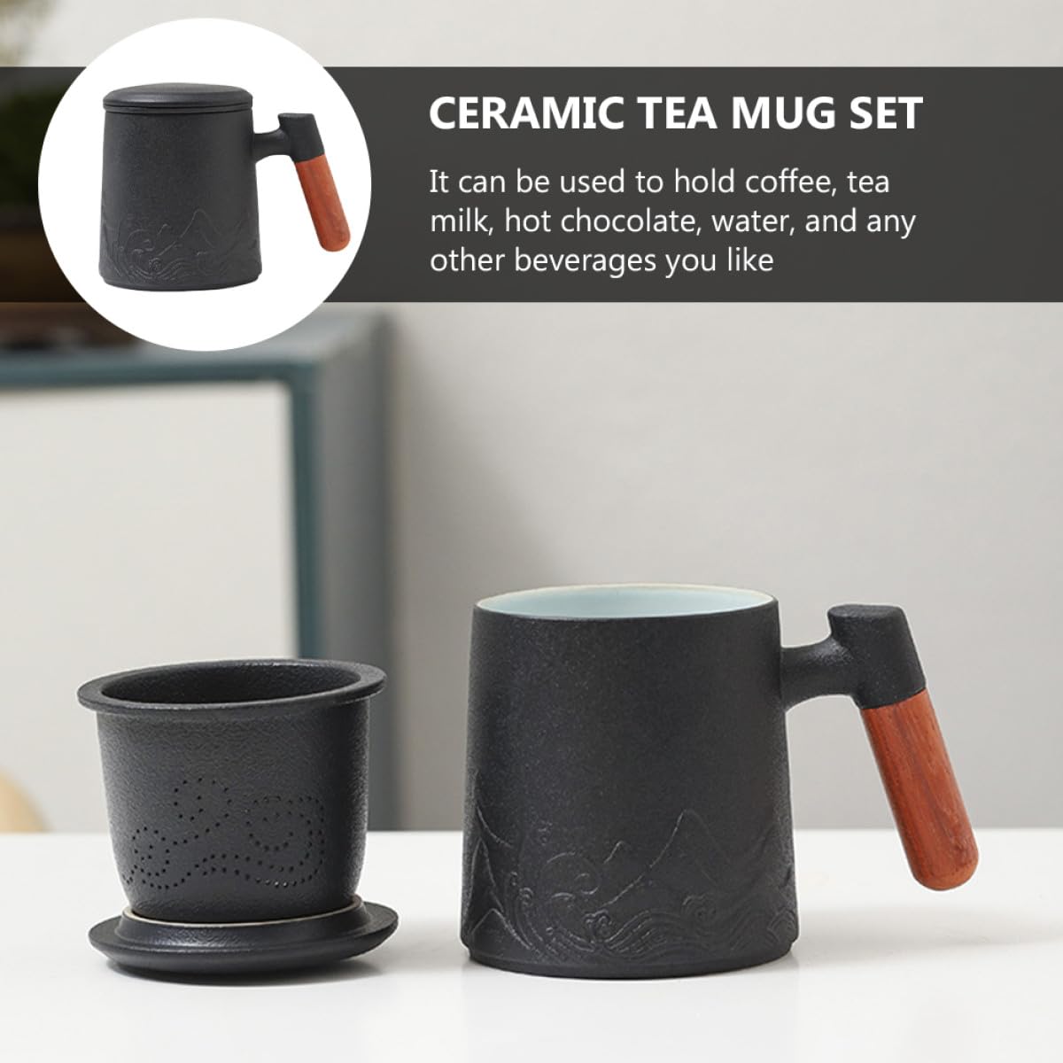 Mug en Céramique 400 Ml avec Anse en Bois et Couvercle, Tasse à Thé avec Infuseur Intégré, Mug à Café Lait pour Bureau et Maison, pour Infusion et Boissons Chaudes