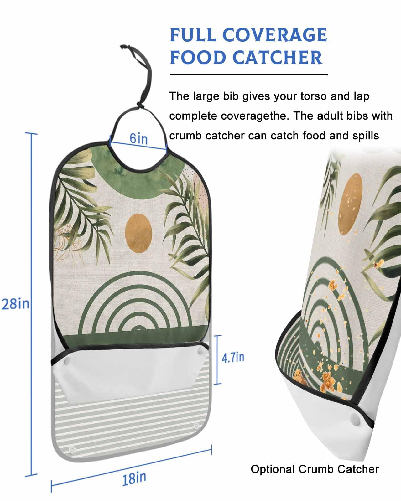 LEOKOTI Green Geometric Adult Bibs for Eating, Waterproof Bibs with Food Catcher & Adjustable Snap Closure, Summer Botanical Modern Abstract Art Washable Clothing Protectors Adult Bibs for Elderly