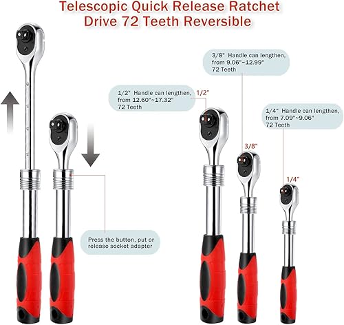 Miniatura 3 de Llave dinamométrica de trinquete extensible, llave de trinquete de 14 de pulgada, herramientas manuales reversibles de liberación rápida de 72