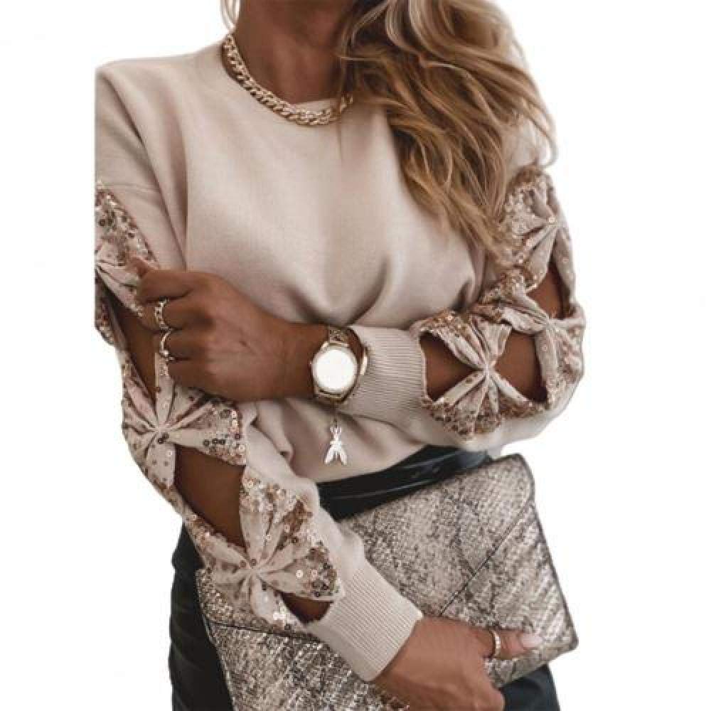 StopDirt Women Elegant Solid Color Sequins Knitted Pullovers Hollow Out Long Sleeve Pullover Autumn Winter Ladies Sweatshirt
