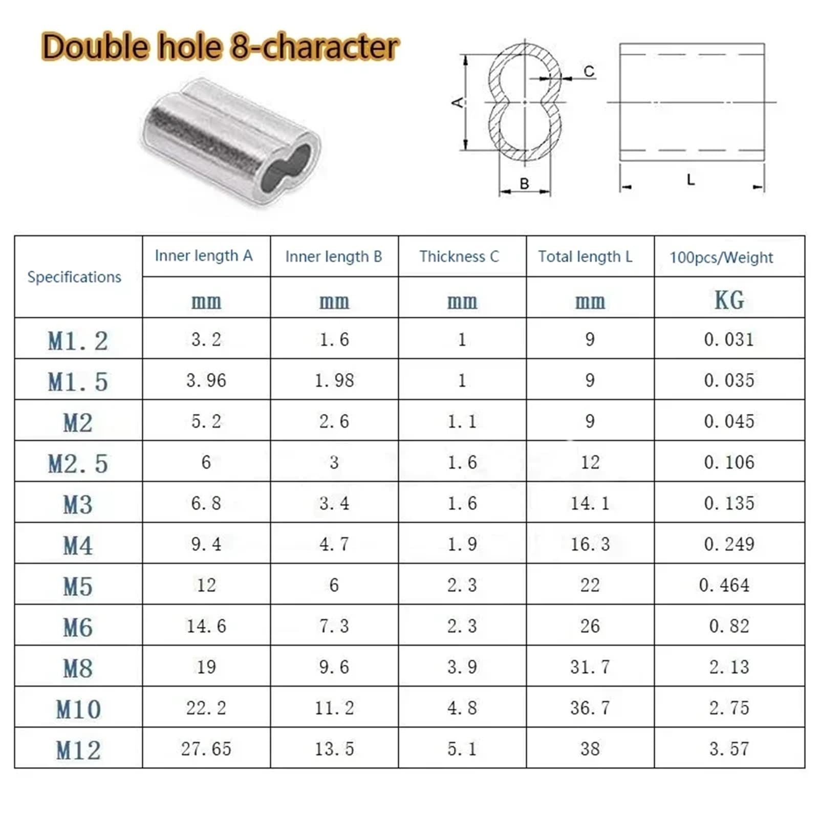 Anello a crimpare in alluminio, Manicotti a crimpare for cavi in ​​alluminio Confezione da 5-500 pezzi M0.5-M12 for funi metalliche e(M3 200pcs Two hole)