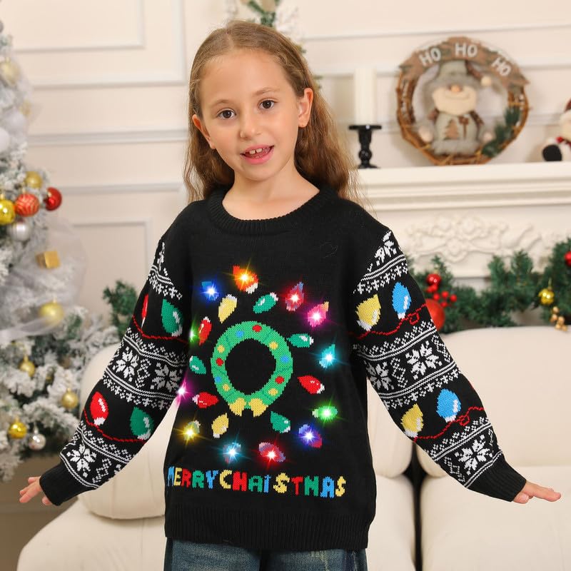 Maglione Natalizio Bambino con Luci, Maglioni Natalizi Bambini Divertenti, Girocollo Maglioncino Natalizio Famiglia Led Ugly Christmas Sweater,Brutti Maglioni di Natale per Bimbo/Bimba/Ragazza/Ragazzo