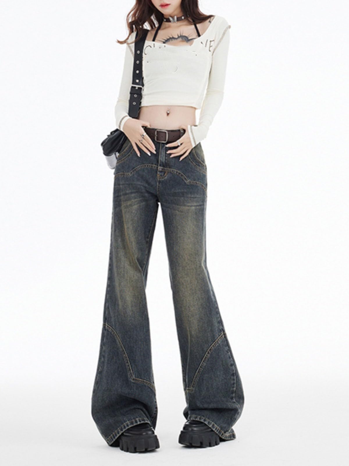 Pantaloni Donna Vintage a Zampa d'elefante Larga Casual Lunghi