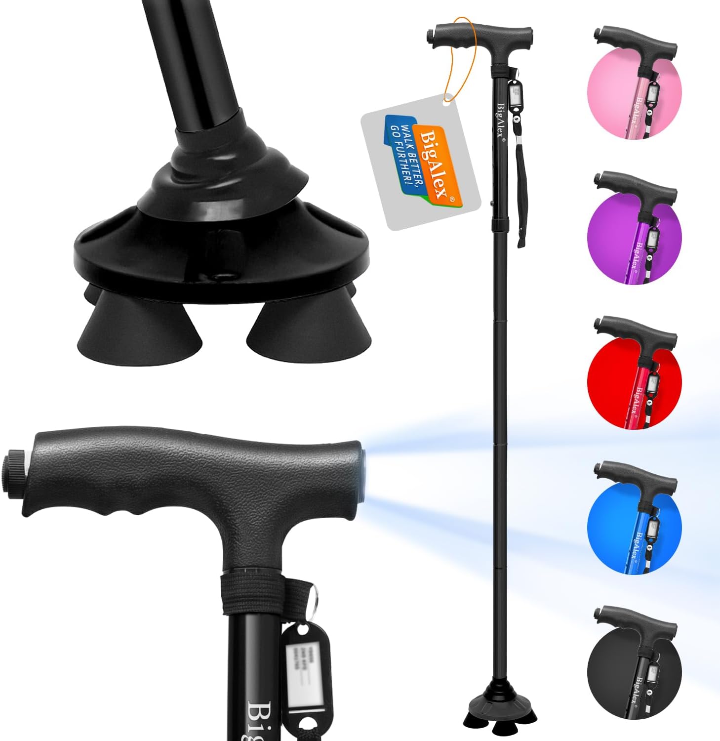 BigAlex Folding Walking Cane with LED Light,Adjustable & Portable Walking Stick, Lightweight,Collapsible with Carrying Bag for Men/Woman