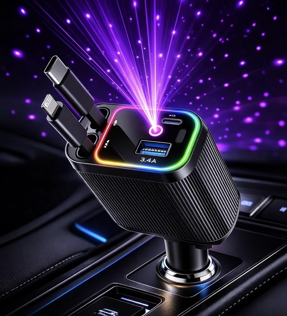4-in-1 Retractable Fast Car Charger 120W, Dual Retractable Cables with USB & Type-C Ports, 100W PD + 20W QC Super Fast Charging Adapter for Car | Adjustable 180° Direction | Built-in Voltage Display-picture-40