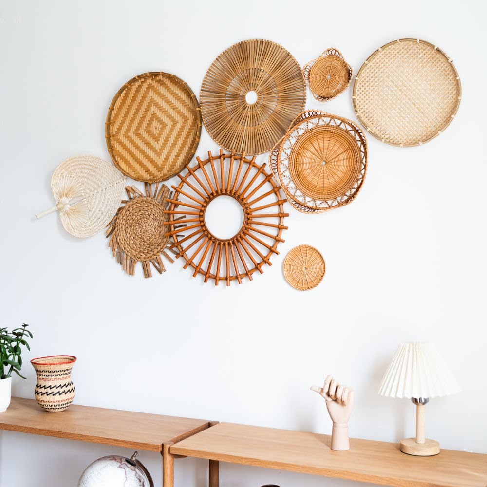 Set di 9 cestini da parete in rattan, bambù ed erba marina, decorazione da parete 3D in stile boho, per soggiorno, camera da letto e corridoio, decorazione da parete sostenibile