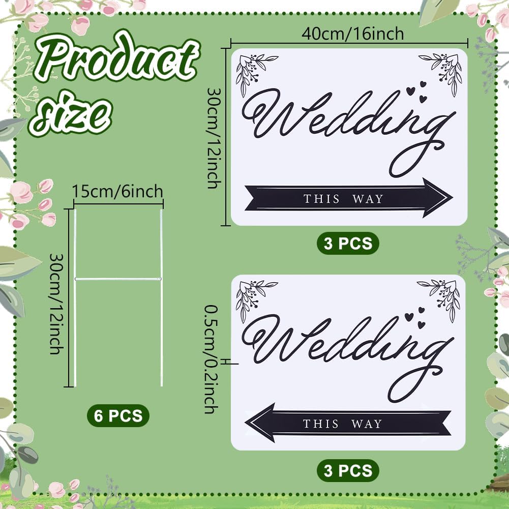 6 Pack Wedding Directional Arrow Signs Wedding This Way Plastic Signs with H Stakes Single-Sided Printed Waterproof Direction Arrow Lawn/Yard Signs Decorations - 16” x 12” Inch