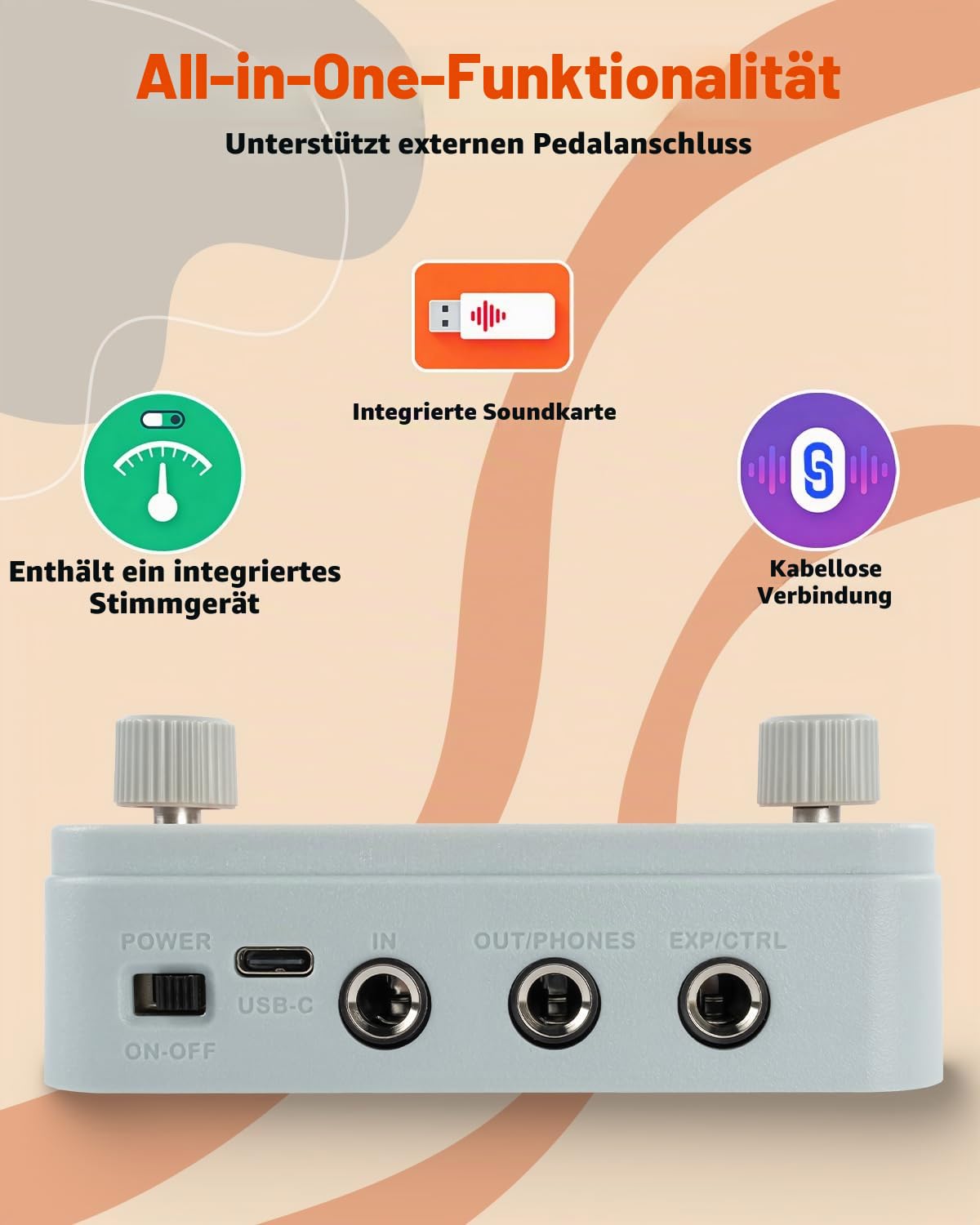 STRICH Pipe Tones Pocket Multi-Effekt Prozessor für Gitarre und Bass, 10 Effektmodule, 125 Effekte, 40s Looper, 100 Drum Patterns, USB Audio Interface, Wireless Control (Grau)