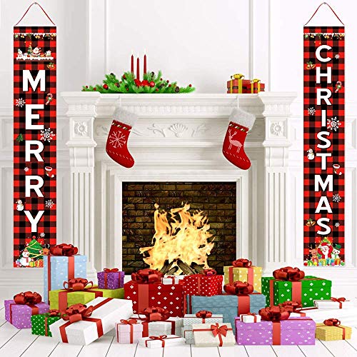 Unves Merry Christmas Banner for Home - Christmas Porch Sign Decorations Outdoor Indoor, Winter Holiday Wall Hanging Red Buffalo Check Plaid Decor for Front Door Home Kitchen Party - Thumbnail 5