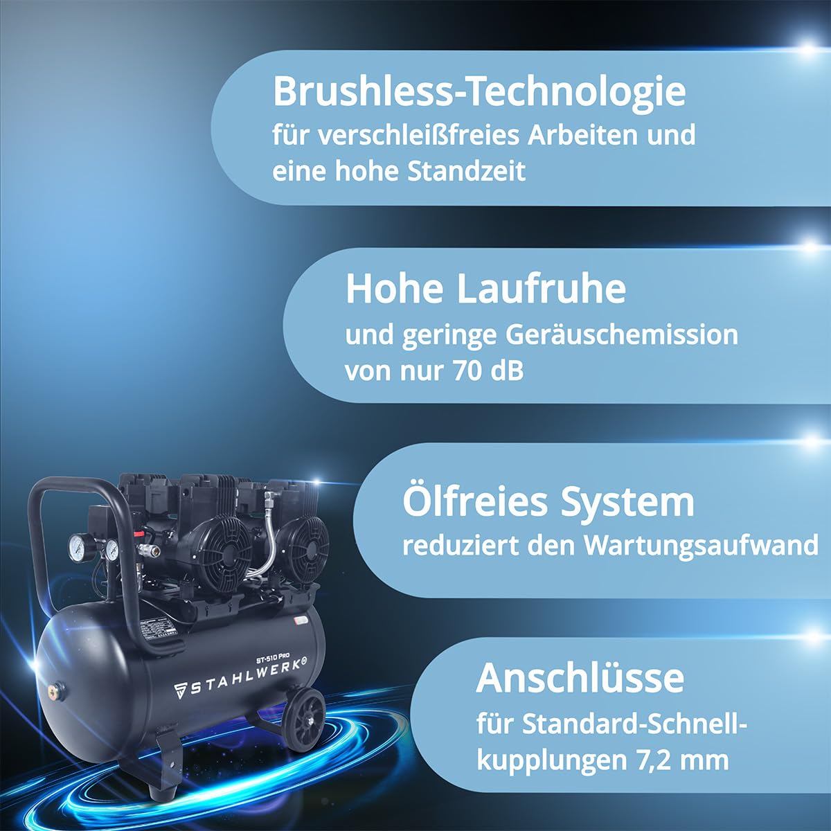 STAHLWERK Kompressor mit 50 L Tank (ST-510 Pro) – ölfrei & leise, 10 bar, 3,94 PS (2,9 kW), 500 l/min, 70 dB, Druckluftkompressor mit Brushless-Motoren, Silent-/Flüsterkompressor, Kolbenkompressor