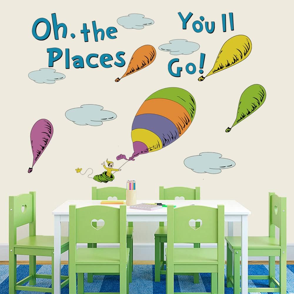 Runtoo Oh The Places You'll Go Wall Art Decal Inspirational Quotes Hot Air Balloon Wall Stickers Kids Reading Room Playroom Bedroom Wall Decor - Image 2