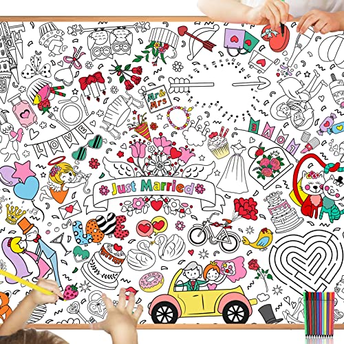 HOWAF Giant Colouring Poster for Kids Wedding Activity Packs Just Married Colouring Poster Coloring Book Drawing Paper Wall Doodle Art Gifts & 12 Pens
