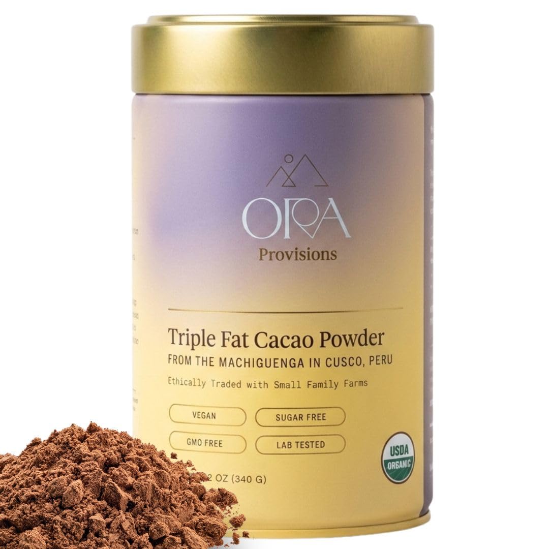 ORA Organic Cacao Powder, Triple Fat, 12oz Tin - Ethical, Regenerative, Heavy Metals Tested, Unsweetened