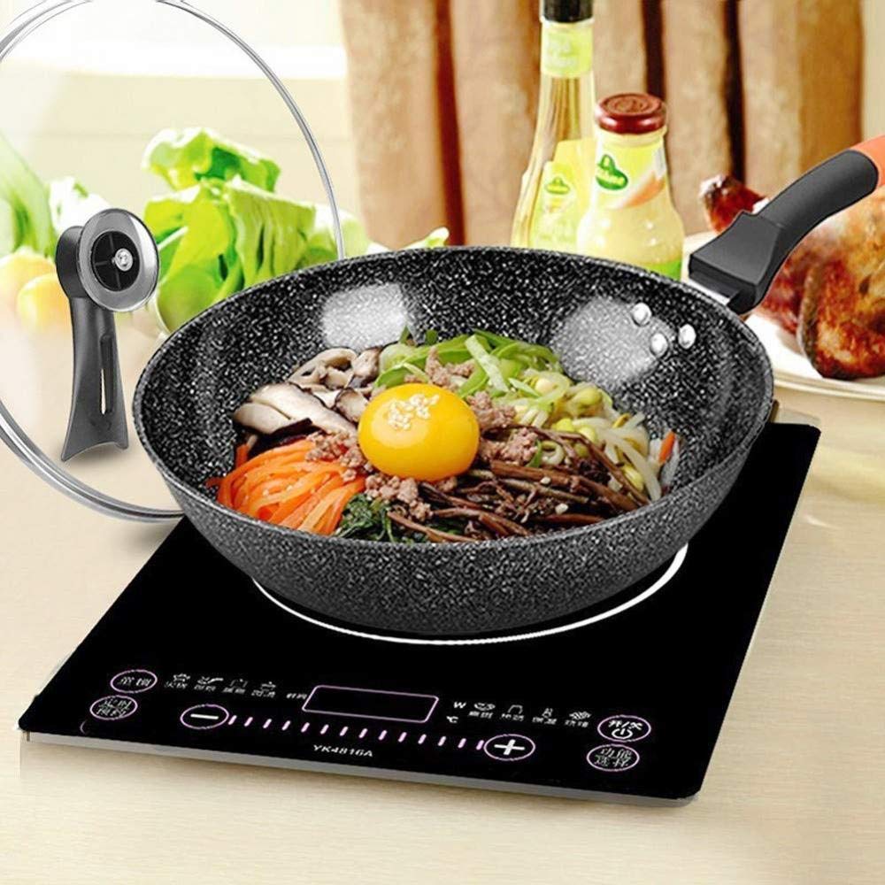 Wok de Aluminio Antiadherente Negro con Vidrio Templado y Tapa Antideslizante Cocina de Inducción de Silicona Fácil de Usar Ergonómico