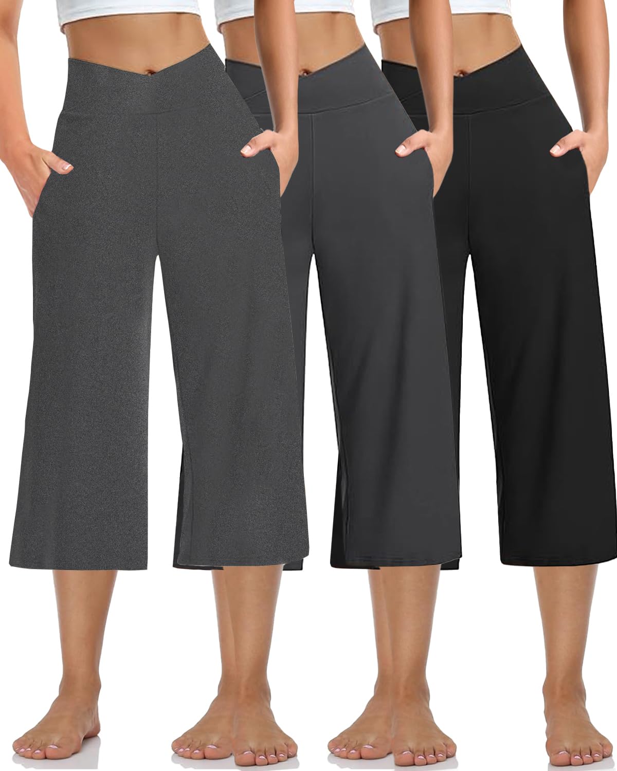 Kivdol 3 Pack Womens Wide Leg Yoga Capris Crossover High Waist Casual Capri Pants Loose Soft Pajama Pockets Sweatpants