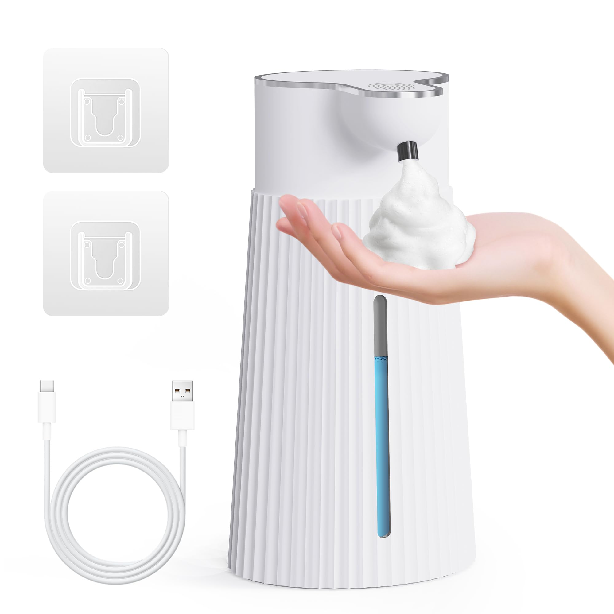 Dispensador de jabón eléctrico de 400 ml con Sensor, dispensador automático de jabón en Espuma para Pared, con 2 Niveles, Blanco, USB, Resistente al Agua IPX6 (AA)