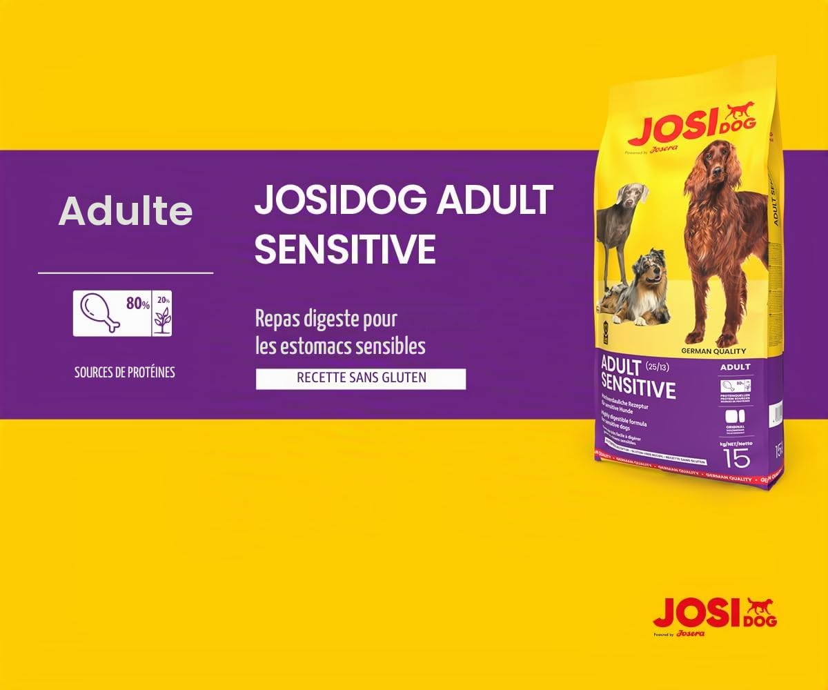 JosiDog Adult Sensitive (1 x 15 kg) | Adulte | Croquettes Premium pour Chiens sensibles | Facile à digérer | Protéines de volaille | sans Gluten | Powered by JOSERA | Nourriture pour Chiens | 1 pièce