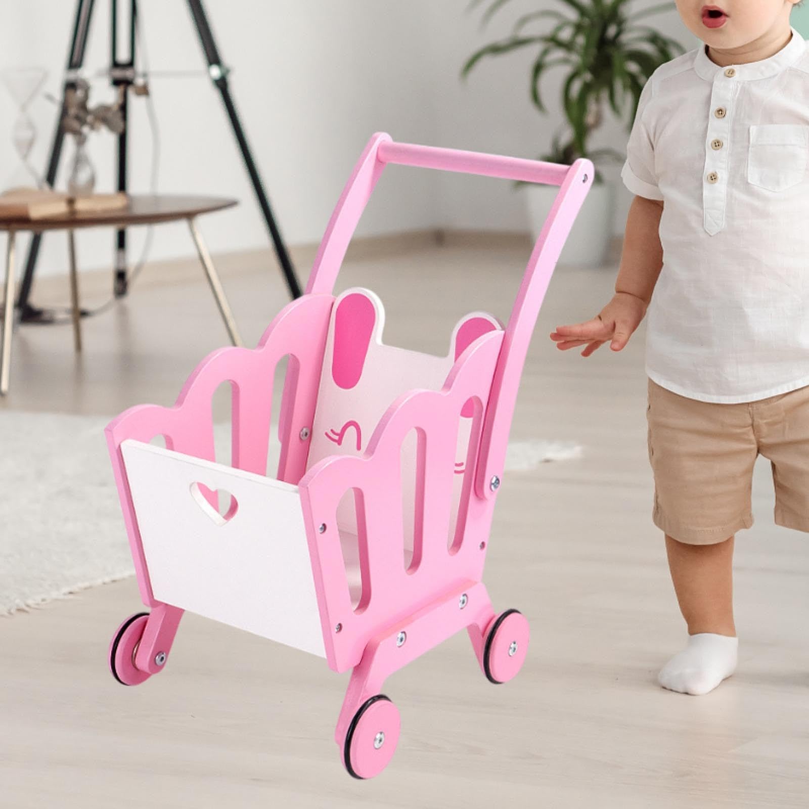 Carrello della Spesa per Bambini, Passeggino, Set per Giochi di Ruolo, Cibo Giocattolo in Legno, Carrello della Spesa per I più Piccoli, Rosa