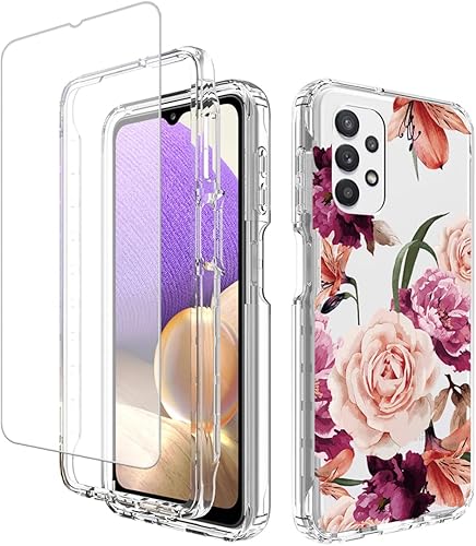 Funda para Galaxy A32 5GM32 5G SM-A326 con protector de pantalla de vidrio templado, diseño floral a prueba de golpes, carcasa protectora de cuerpo