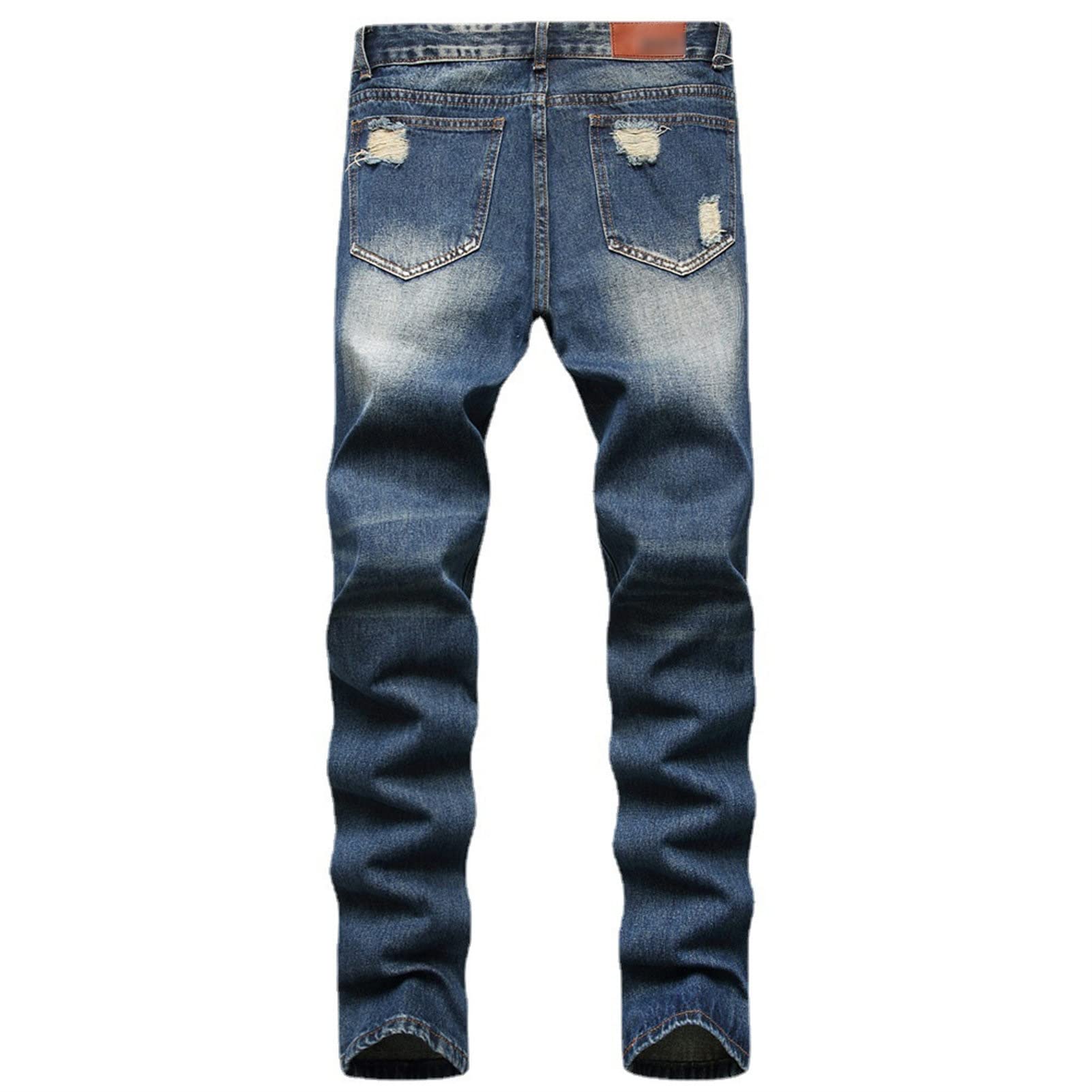 Men Ripped Slim Fit Jeans Destroyed Distressed Straight Denim Pants Vintage Mid Waist Washed Biker Jean Trousers (Dark Blue 1,40)