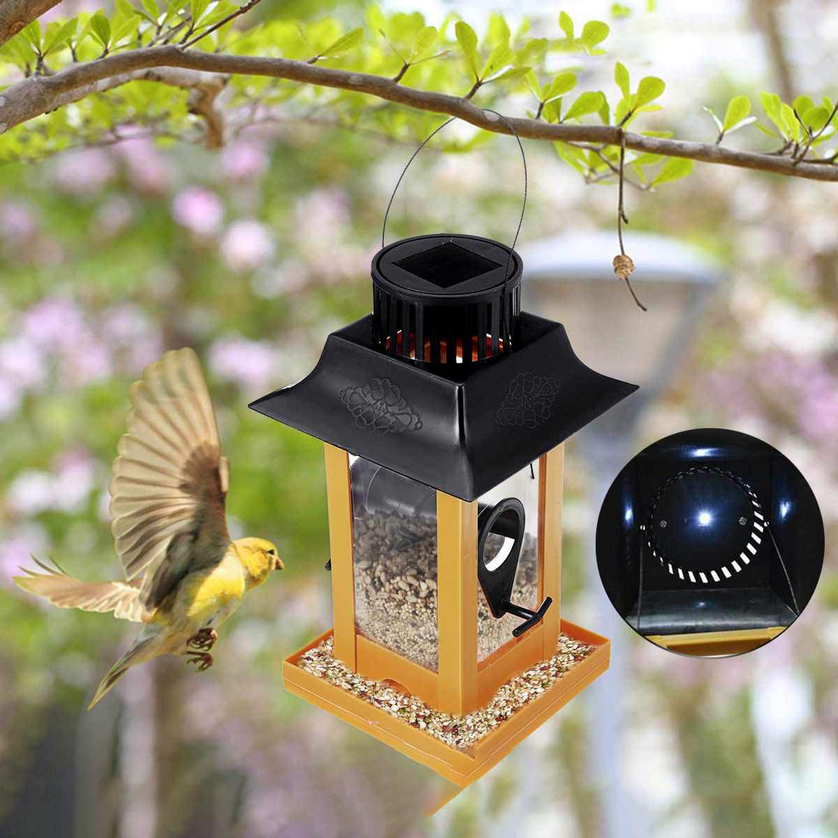 Solar Powered LED Wild Bird Feeder Tray Hanging Wilderness Lantern Automatic Bird Feeder for Outdoors Garden Tree Decoration
