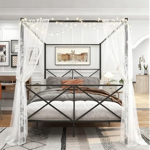 Bellemave Queen Canopy Bed Frame, Metal Canopy Platform Bed, No Box Spring Needed, Black with X Shaped