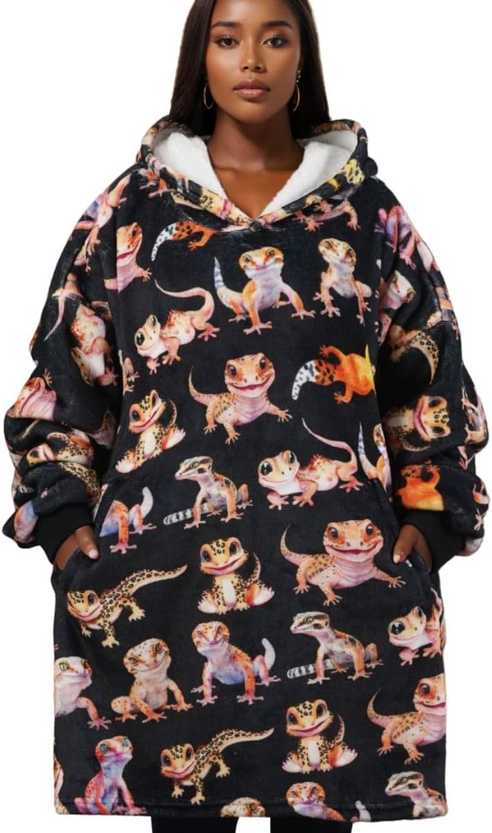 Leopard Gecko Gifts for Women Men, Wearable Flannel Blanket Hoodie, Oversized Flannel Hooded Blanket Sweatshirt, One Size