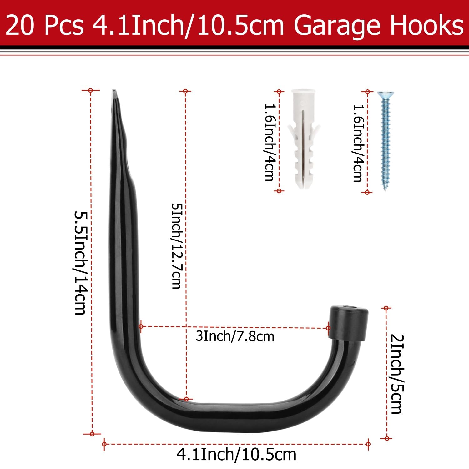 20 ganchos de garaje, gancho de almacenamiento resistente de 10,5 cm, ganchos de pared para herramientas de jardín, mangueras, bicicletas, madera, equipo deportivo, cortacésped