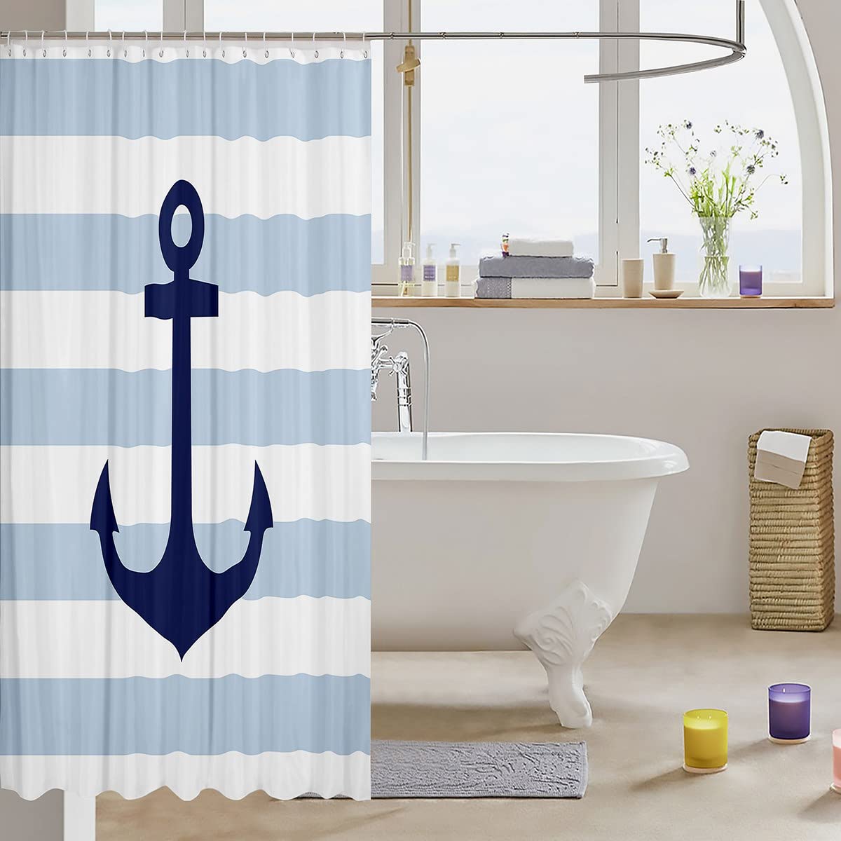 Tenda da doccia stampata a tema nautico per il bagno, tenda da doccia, set per bambini, a strisce blu, tenda da bagno con ancora, impermeabile, decorazione per la stanza da letto, 170