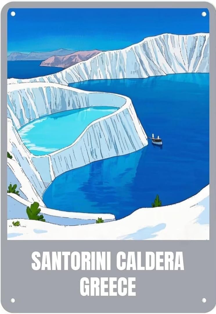 EIEJCIFN Santorini Caldera Greece Tin Sign Retro Art Plaque Wall Decor Funny Gifts for Cafe Home Kitchen Garage Bathroom Farm Garden Bar Metal Posters 8x12 Inch