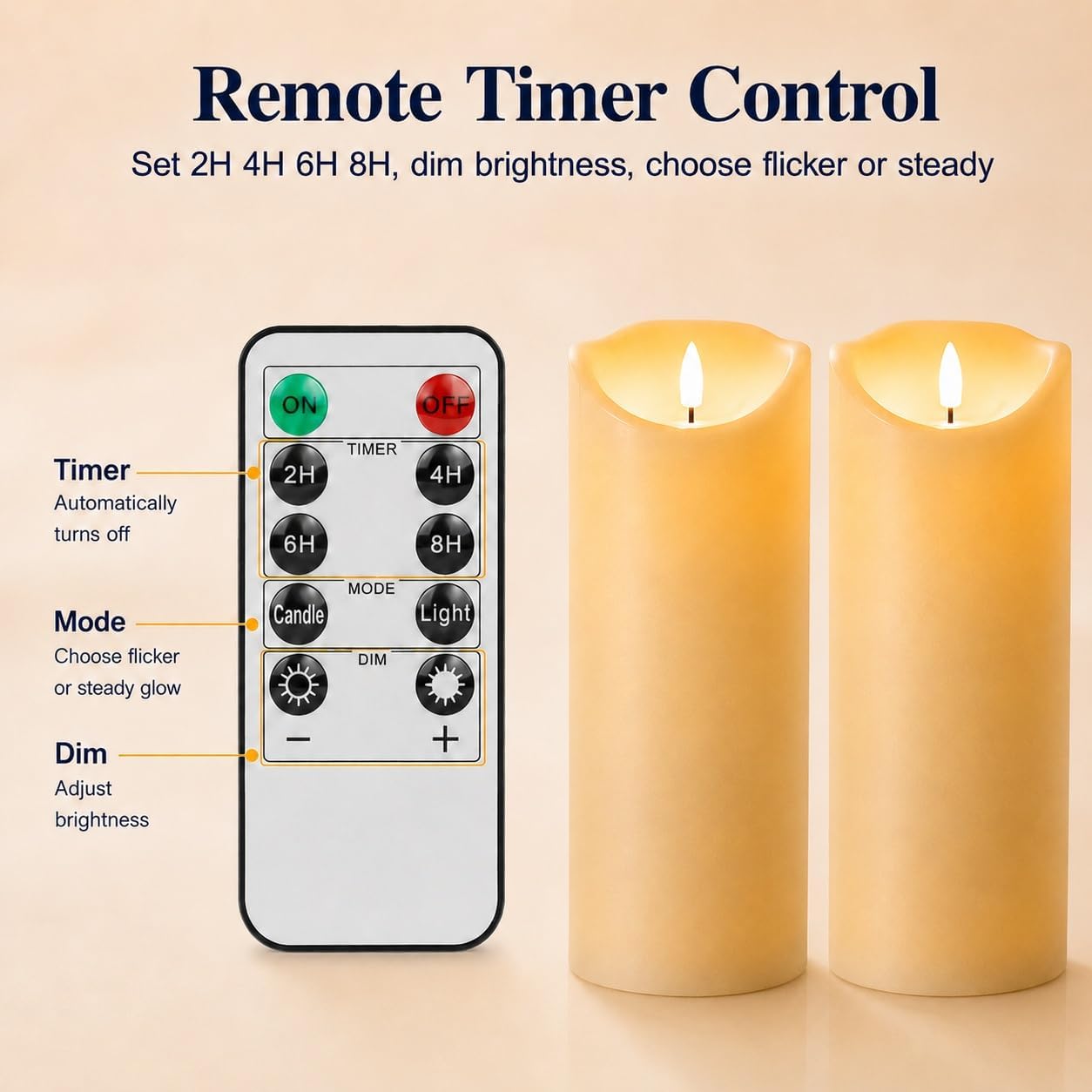 Grandi candele tremolanti senza fiamma con telecomando, candele a batteria con timer, 10,2 x 22,9 cm, candele finte a pilastro a LED avorio per lanterne da esterno portico, set di 2
