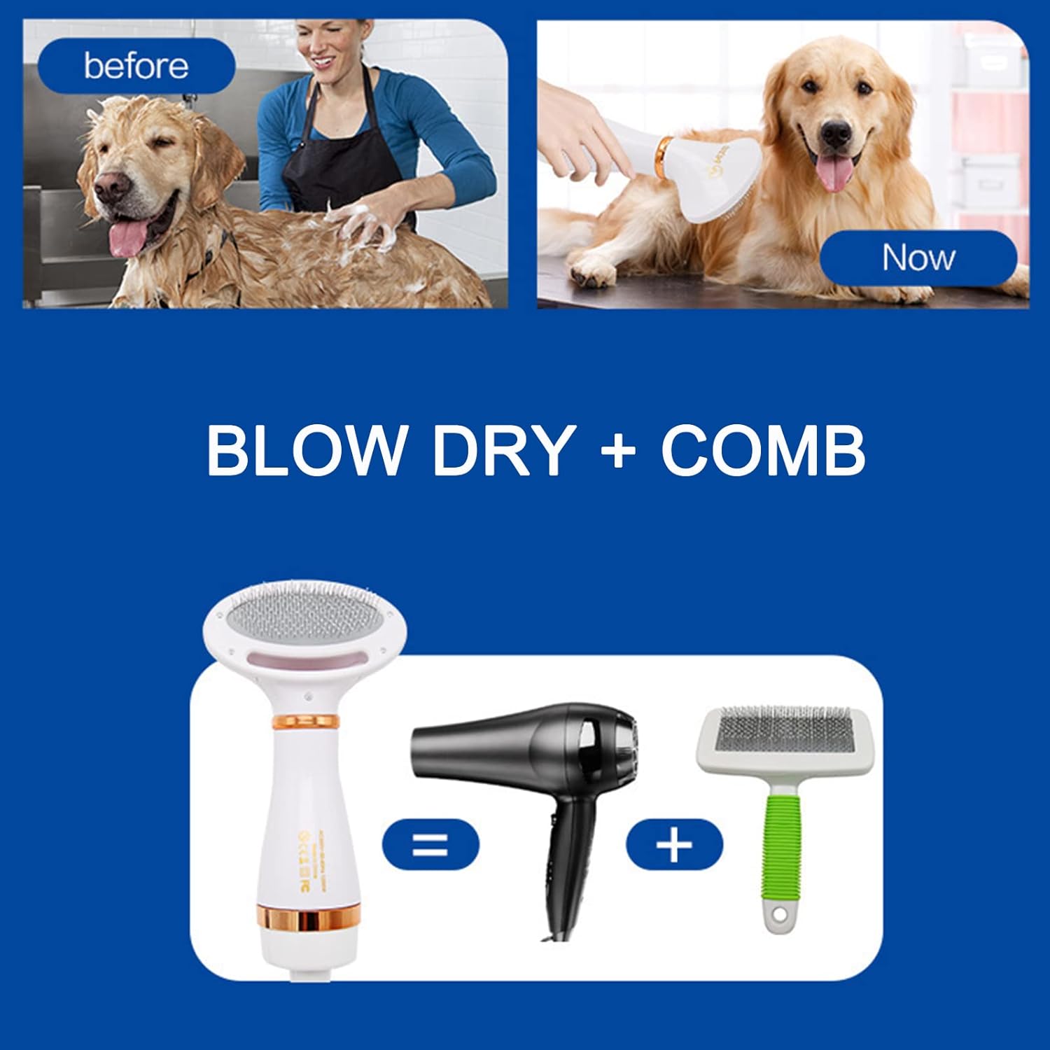 2 in 1 Dog Hair Dryer Brush, Pet Grooming Hair Dryer with One-Button Hair Removal, Portable Dog Blower 3 Heat Settings Home for Small Medium Dogs Cats
