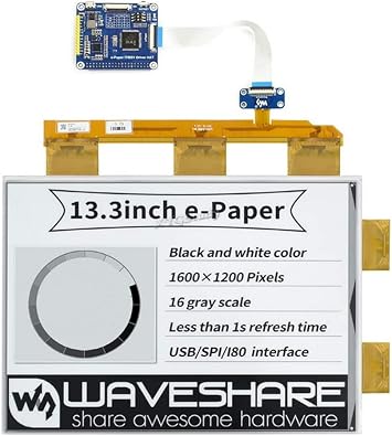13.3inch e-Paper e-Ink Display HAT for Raspberry Pi Resolution 16001200 Black/White 16 Grey Scales USB/SPI / I80 Partial Refresh Support @XYGStudy