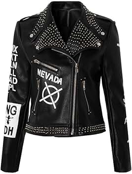 Women PU Leather Jacket Letter Print Lapel Leather Jacket