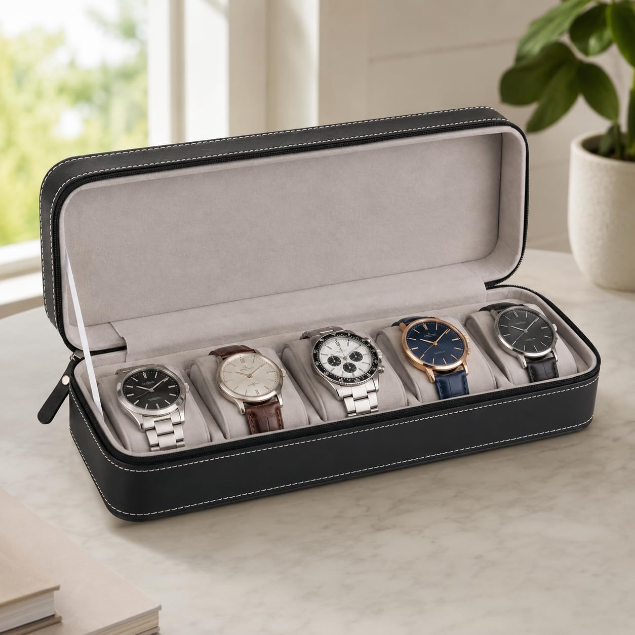 BucketList® Premium Watch Storage Case for Men & Women | 6-Slot Leather Watch Organizer Box with Zipper Closure, Soft Velvet Interior, Travel Watch Display Case (Black)