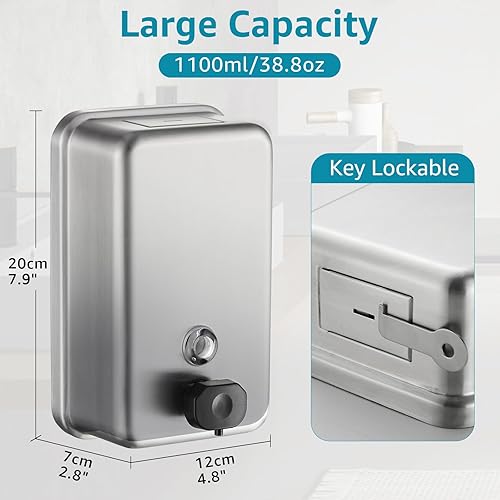 Miniatura 2 de Dispensador de jabón comercial para montaje en pared, jabón de manos de baño de acero inoxidable, líquido de 38.8 onzas, bomba antifugas y