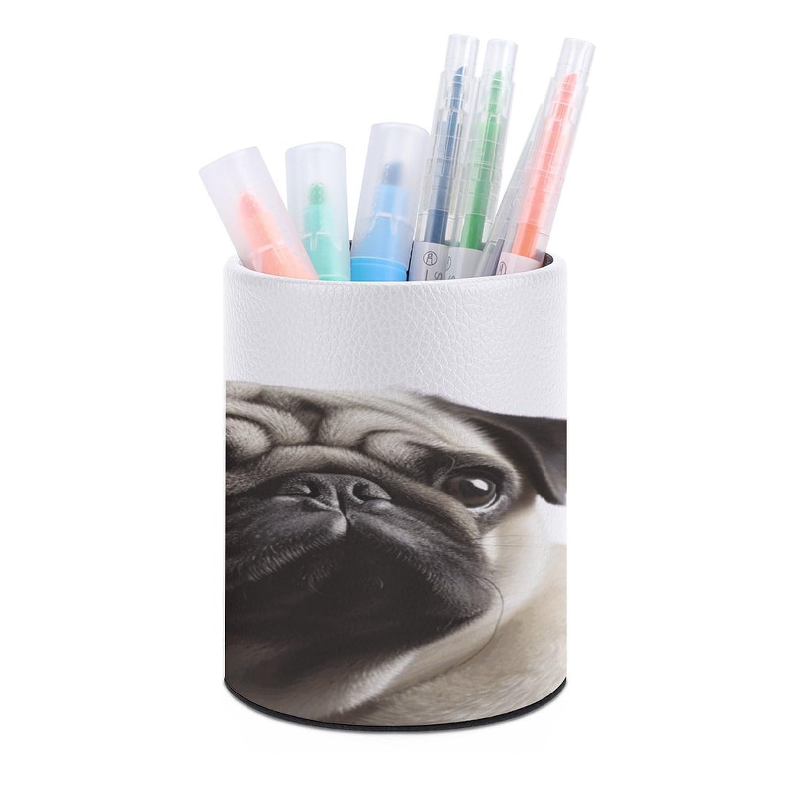 FekiLoot Pug Dog Pen Holder Personalized Desktop Pencil Holder Case Office Accessories Container Box Round Pen Cup Desktop Organizer Makeup Brush Holder Caddy Storage