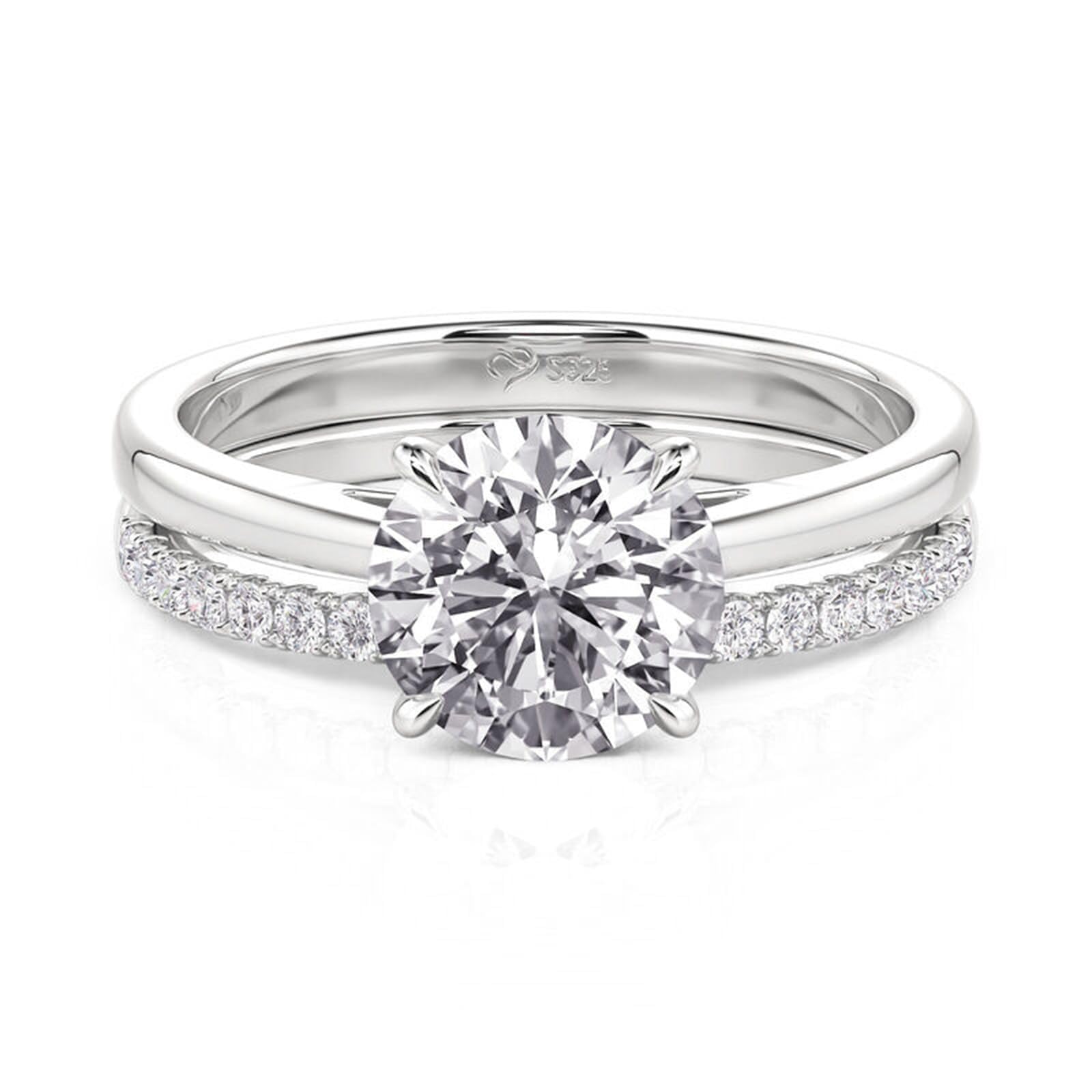 Damen Moissanit Klassisch Band Ring Set 925 Sterling Silber Vorsteckring Rundschliff Stein Stapelring Modern Elegant Doppelring Frauen Trauring für Hochzeit Valentinstag