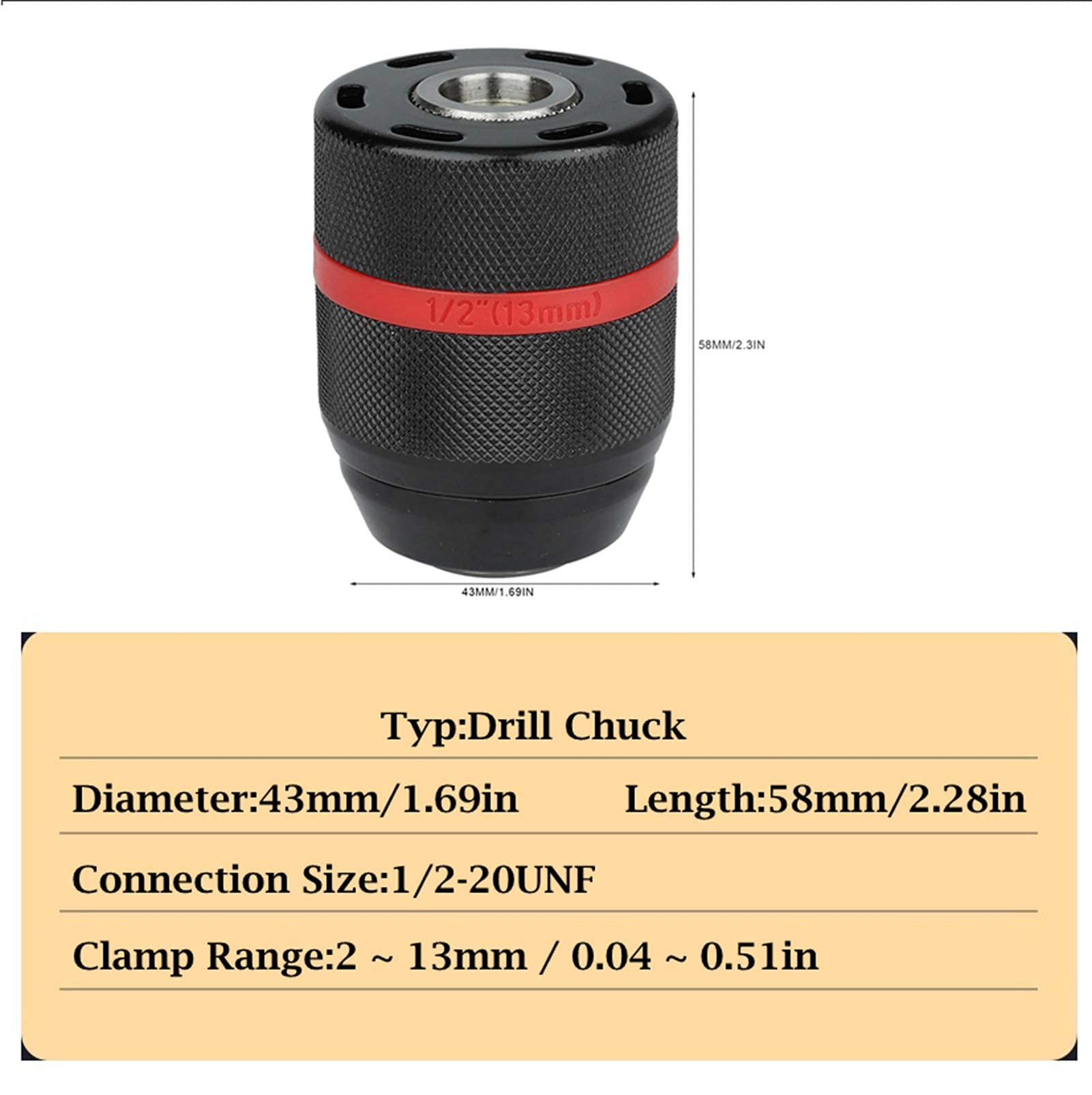 Tyenaza Portabrocas Taladro 2-13mm, Drill Chuck sin Llave, Portabroca de Taladro Rápida, Adaptador Herramienta de Conversión, 1/2-20UNF Montaje 2-13 mm Portabroca Manual sin Llave de Cambio