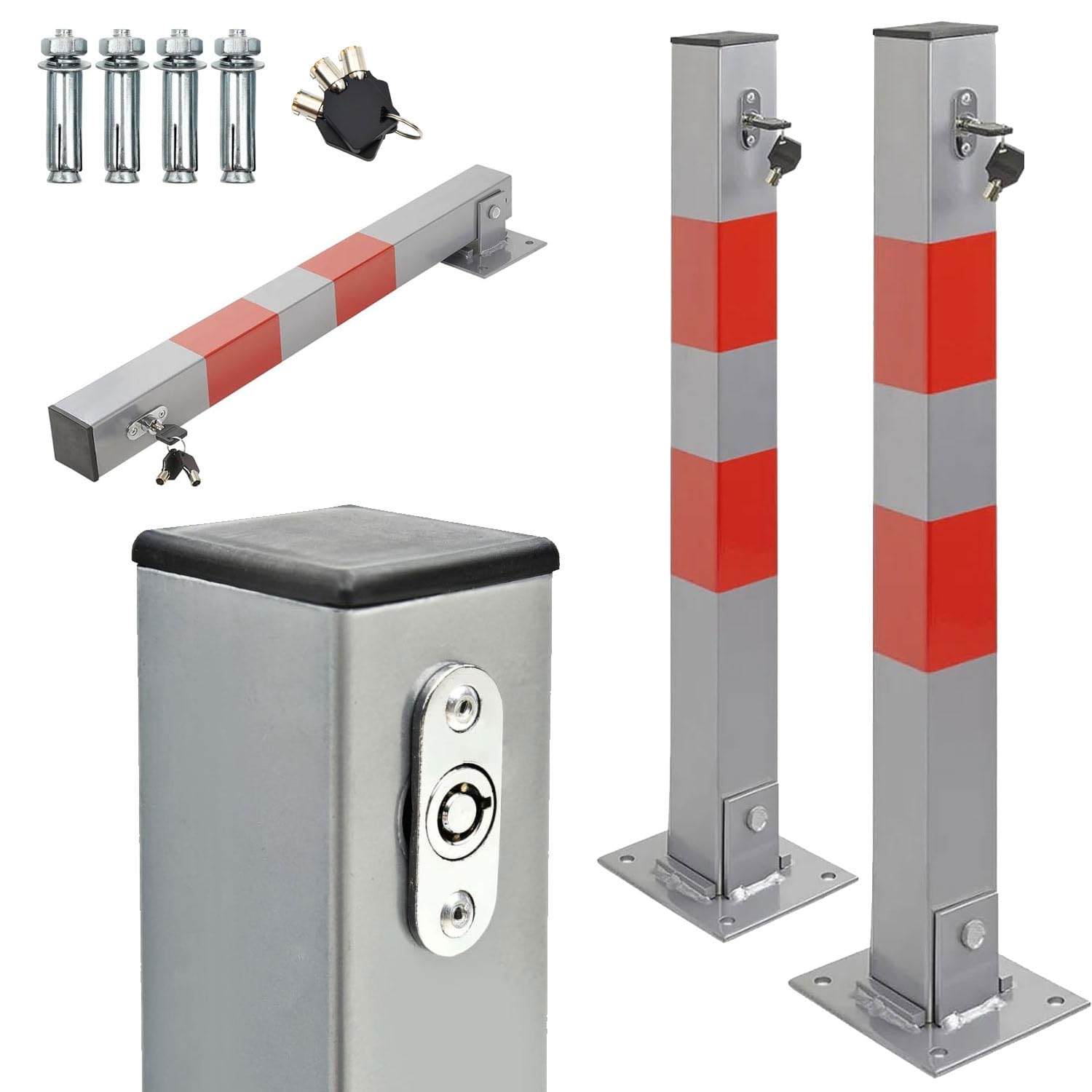 Taylor & Brown 2 x Parking Barrier Bollards for Driveway Car Security Parking Bollards Folding Reflective Car Space Barrier for Private Driveways Lock Post Bollard | 65cm Fold Down to 7.5cm | 3 Keys