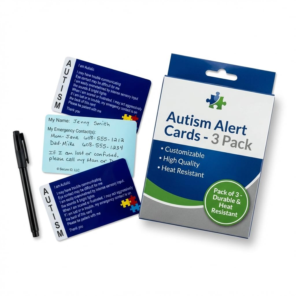 Autism Alert Card - ADHD Awareness Cards - Write on Cards 3 Pack Secure ID