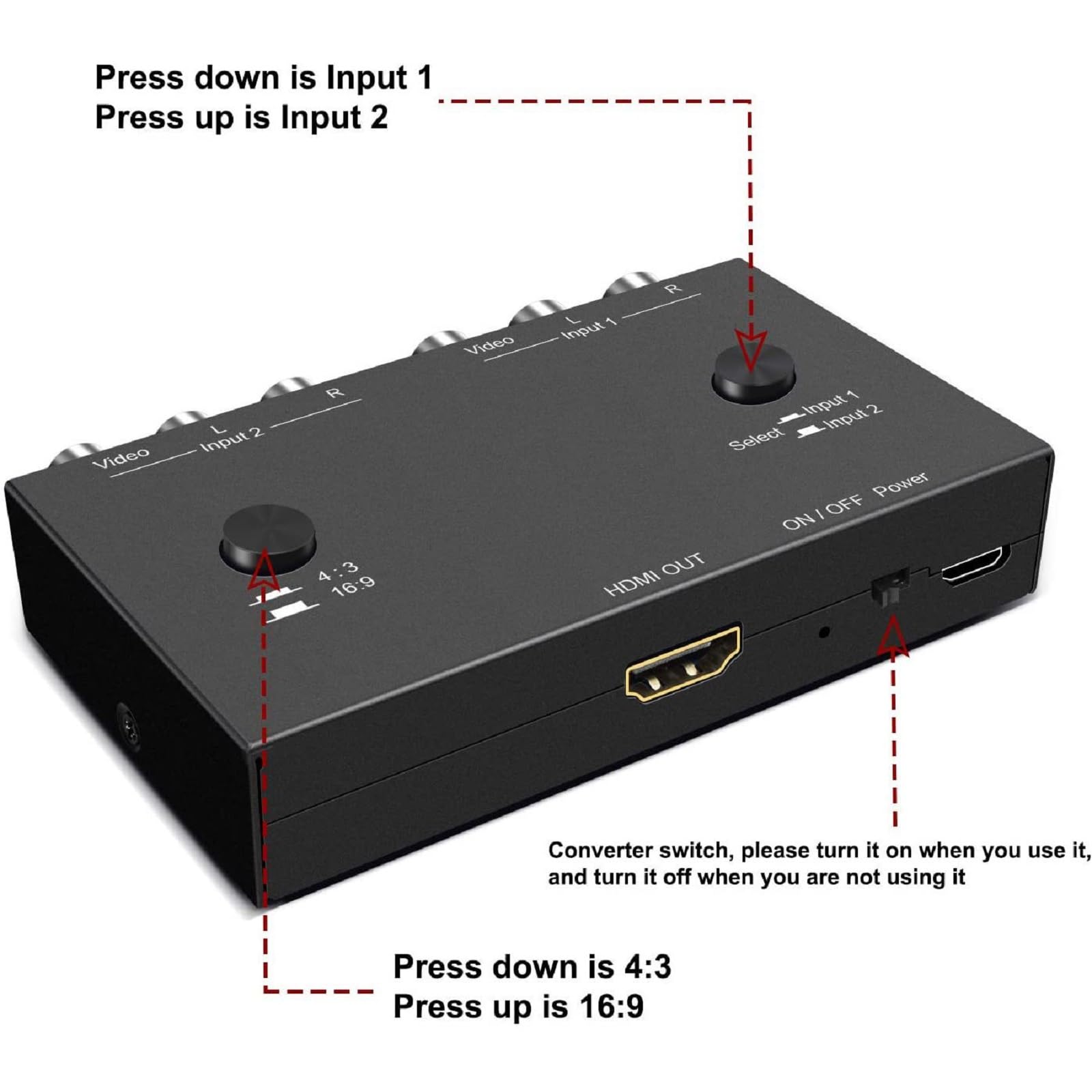 Convertidor RCA a HDMI de 2 puertos, convertidor dual AV a HDMI, Plug and Play, para reproductor de DVD VCR, TV y proyector