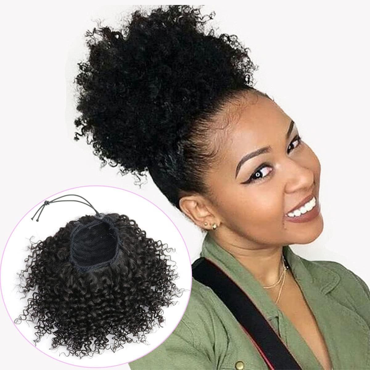 Afro Puff Curly Drawstring Ponytail Buns Natural Human Hair Pieces for Black Women,Girls,Kids 10 Inch #1B Natural Black